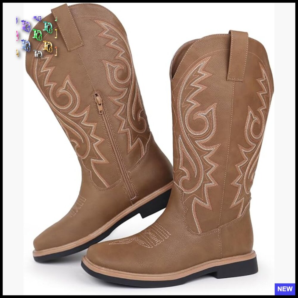 Western Cowgirl Boots Square Toe Embroidered Low Heel Mid Calf Dress Boots